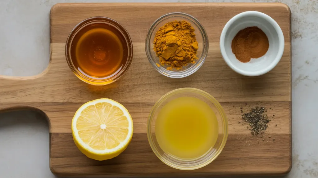 asian honey protocol ingredients flat lay with raw honey turmeric cinnamon lemon and black pepper