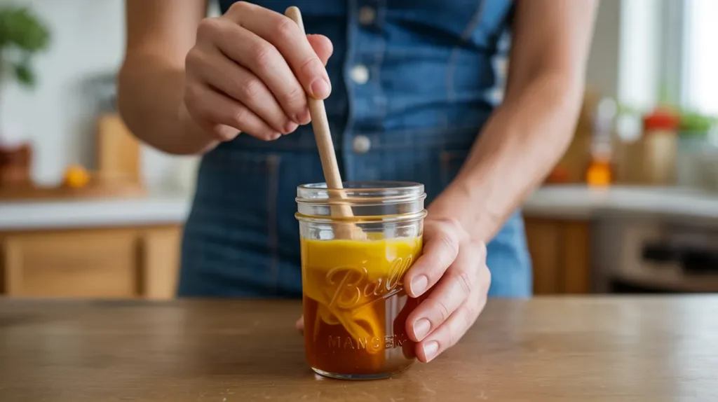 hands mixing asian honey protocol recipe in small glass jar with wooden spoon