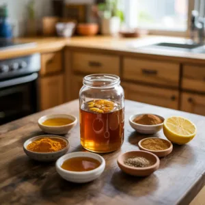 Healthy asian honey protocol recipe ingredients in glass jar on kitchen counter