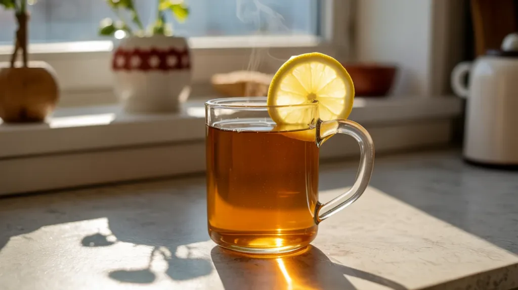 asian honey water in clear glass mug with lemon slice morning ritual
