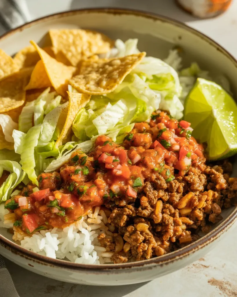 Taco-style boy kibble bowl with salsa tortilla chips and ground beef