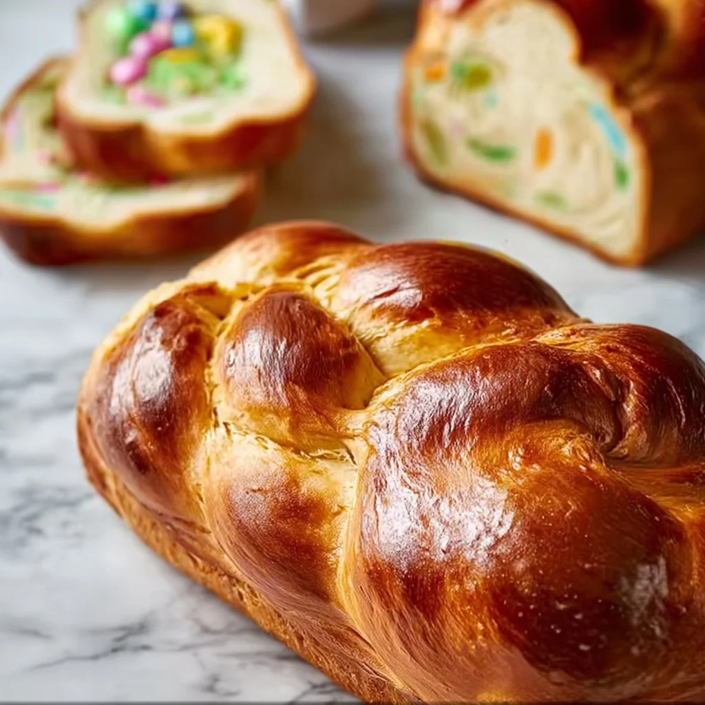 Freshly baked Braided Easter Bread on a wooden table