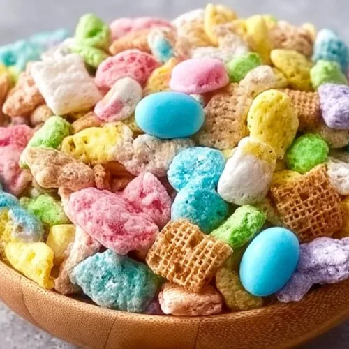 Colorful Bunny Bait Easter snack mix in a festive bowl