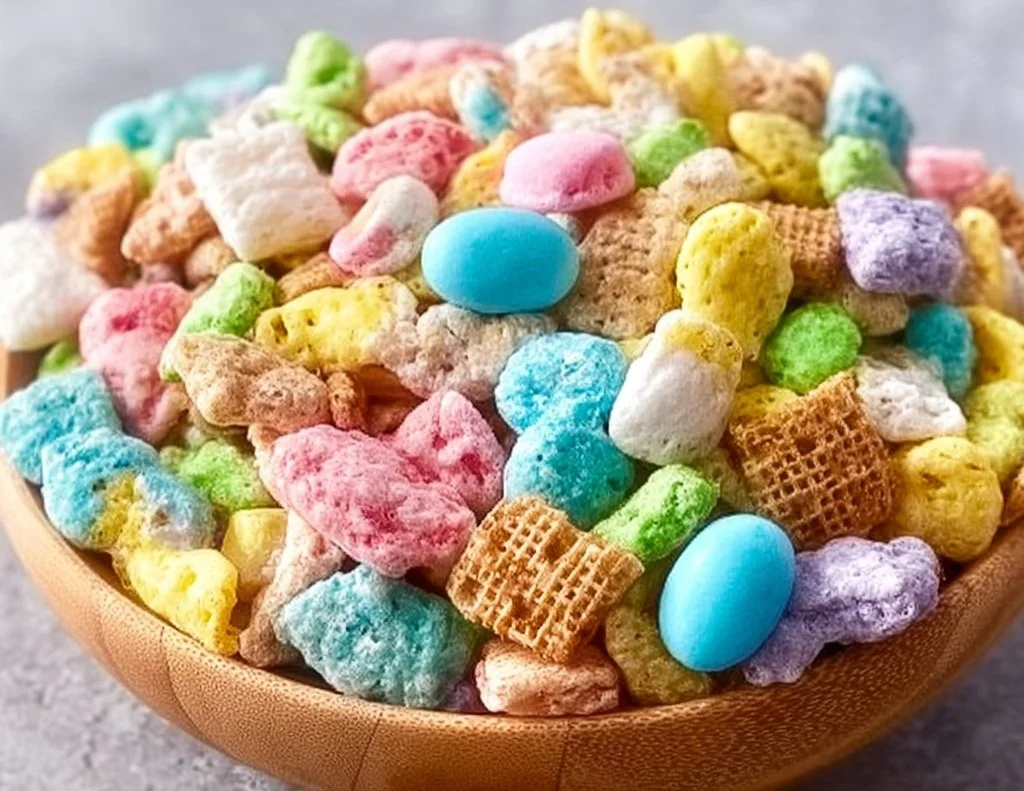 Colorful Bunny Bait Easter snack mix in a festive bowl