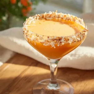 Delicious Carrot Cake Martini served in a glass with frosting on the rim.