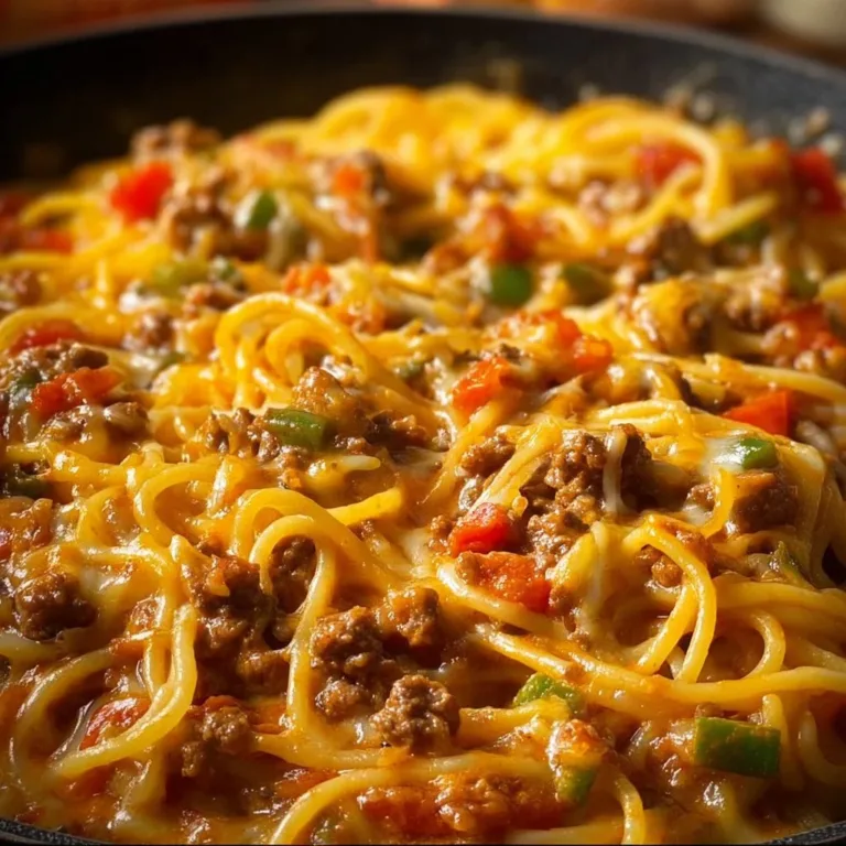 Cheesy spaghetti dish with Rotel tomatoes, garnished and ready to serve.