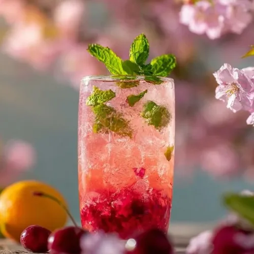 Cherry Blossom Delight Mocktail garnished with cherry blossoms and citrus fruits