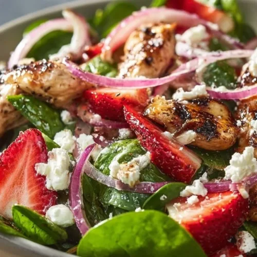 Delicious Chicken Salad with strawberries and greens, perfect for a fresh meal.
