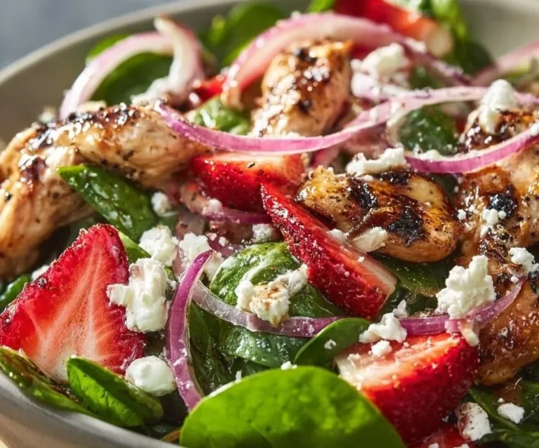 Delicious Chicken Salad with strawberries and greens, perfect for a fresh meal.