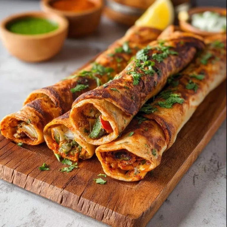 Delicious Chicken Tikka Paratha Rolls on a plate with fresh herbs.