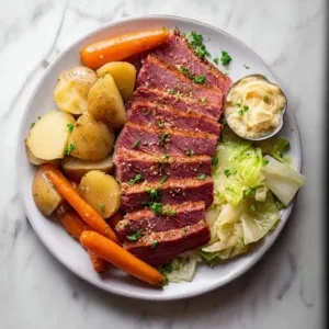 Plate of corned beef and cabbage served with carrots and potatoes