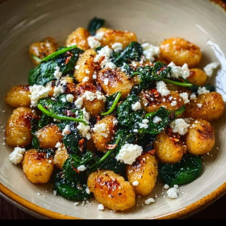 Creamy gnocchi with spinach and feta served in a bowl