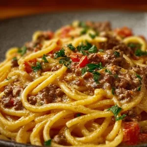 Creamy Italian spaghetti with ground beef in a one pot meal