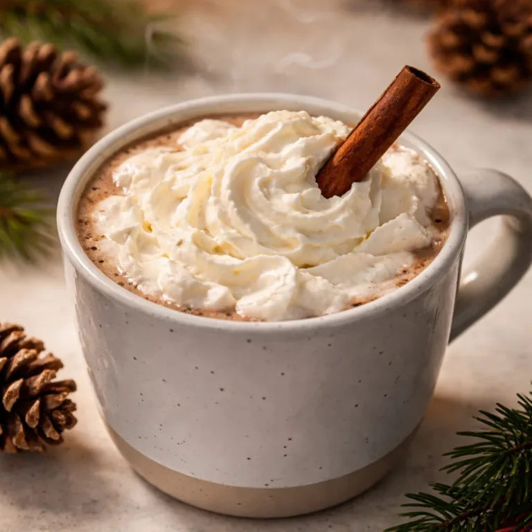 Collagen hot chocolate drink in a cup topped with whipped cream and cocoa powder.