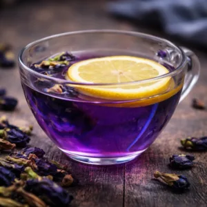 A cup of butterfly pea tea, a natural drink known for weight loss and health benefits.