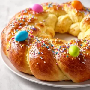 Freshly baked Easter Bread topped with colorful sprinkles for the holiday.