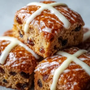 Freshly baked Easter hot cross buns with glaze and cross on top.