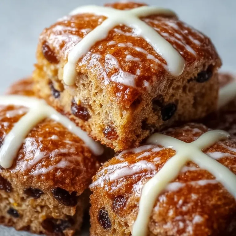Freshly baked Easter hot cross buns with glaze and cross on top.