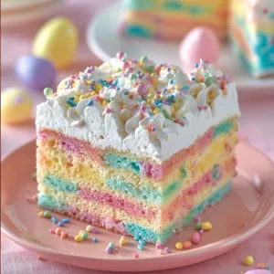 Colorful Easter Poke Cake topped with frosting and decorations for spring celebrations.