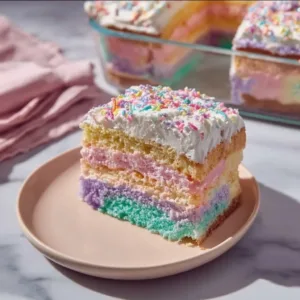 Colorful Easter Poke Cake topped with pastel sprinkles and creamy frosting