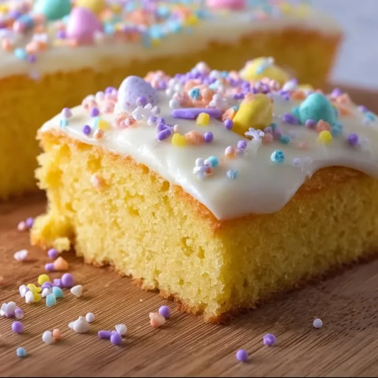 Delicious and colorful Easy Easter Poke Cake topped with sprinkles and fruit.