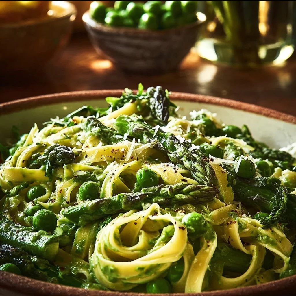 Fettuccine with Spinach Sauce, Asparagus, and Peas
