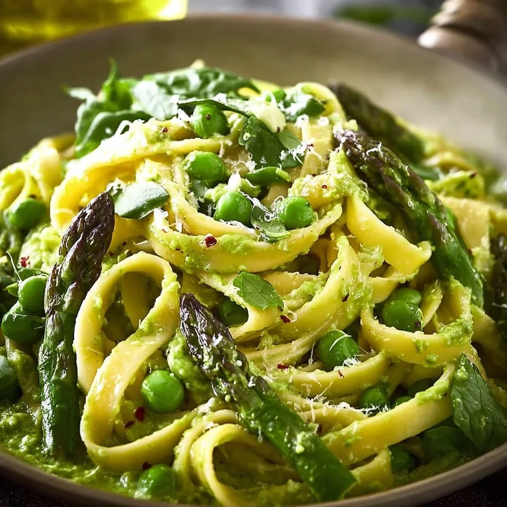 Fettuccine with Spinach Sauce, Asparagus, and Peas