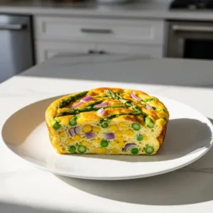 Fluffy spring veggie frittata with fresh vegetables and eggs