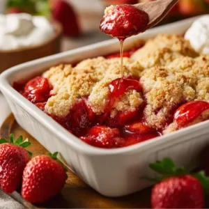 Freshly baked strawberry cobbler with ripe strawberries and golden crust
