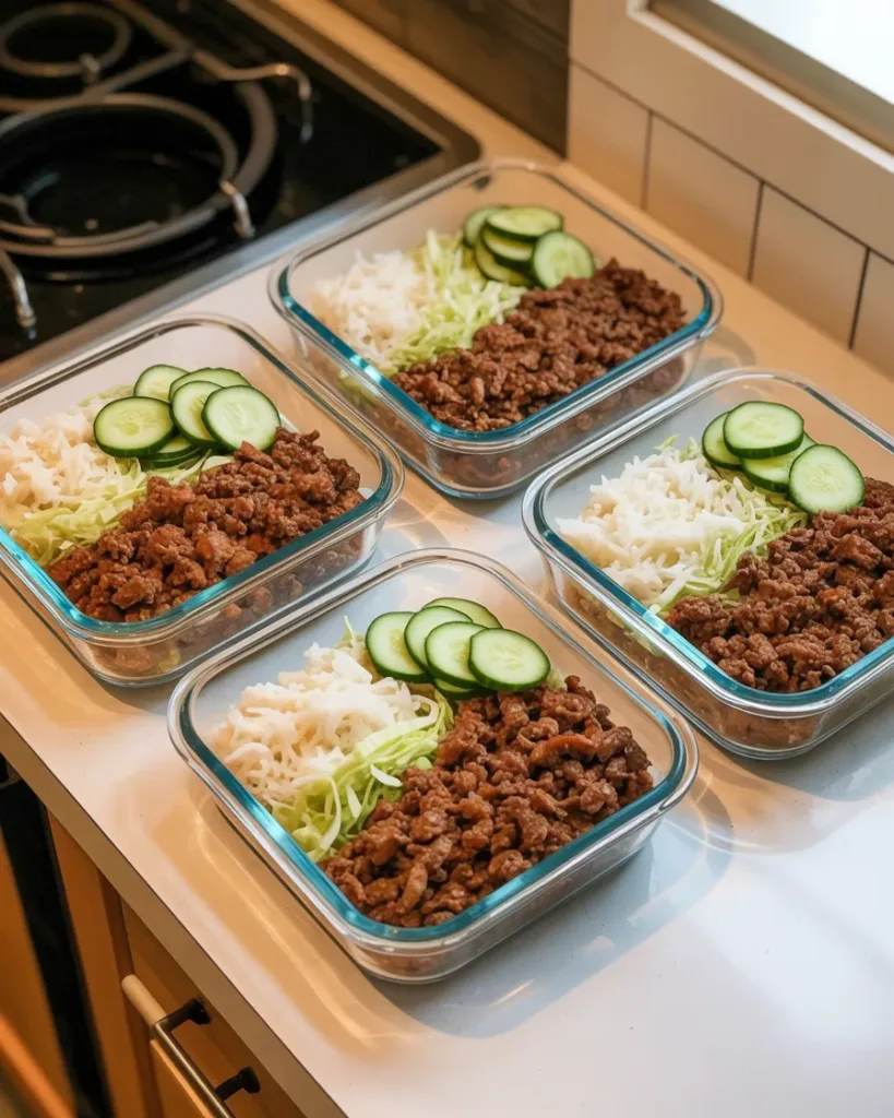 Ground beef rice bowl meal prep containers with weekly boy kibble ingredients