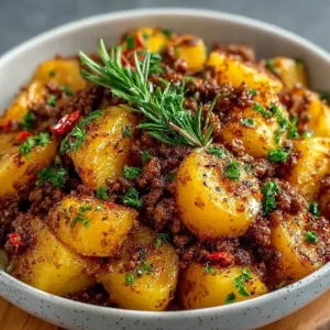 Hearty ground beef and potatoes dish served in a bowl