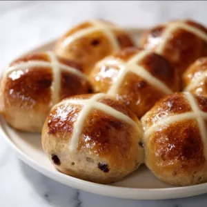 Freshly baked hot cross buns with spices and currants on a cooling rack