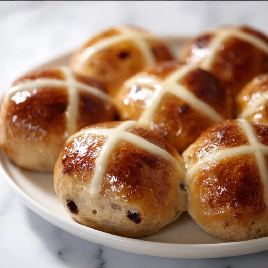 Freshly baked hot cross buns with spices and currants on a cooling rack