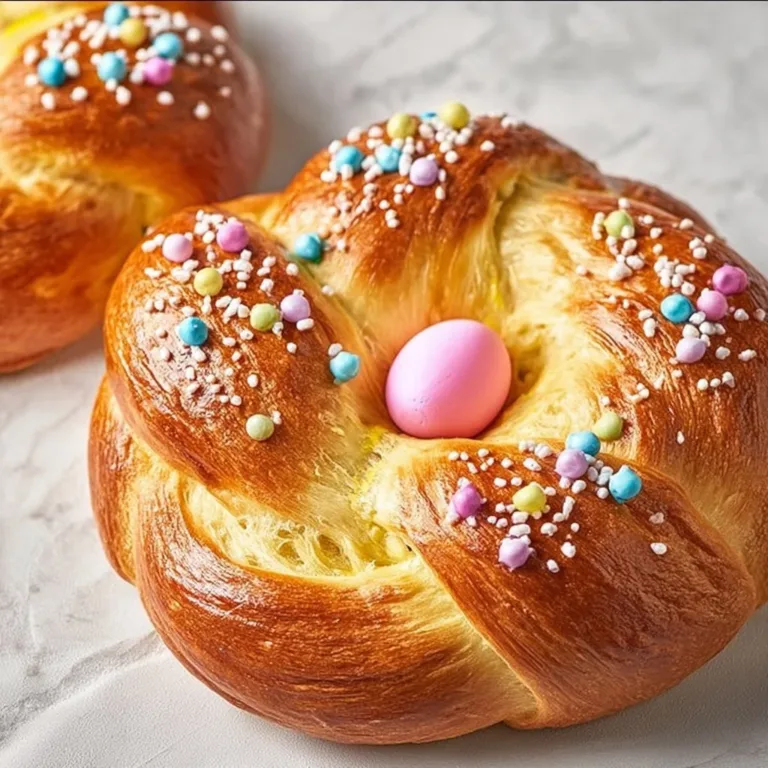 Beautifully braided Italian Easter Bread with colorful eggs on a festive table.