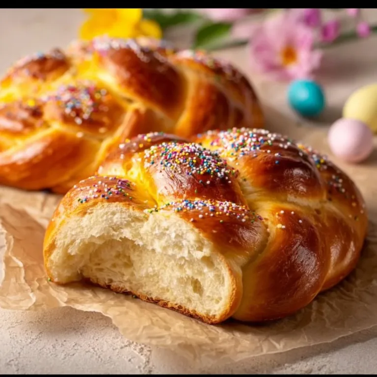 Delicious Italian Easter Bread braided with colored eggs for Easter celebration