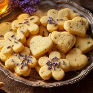 Lavender Lemon Shortbread Cookies decorated with lavender sprigs and lemon zest.