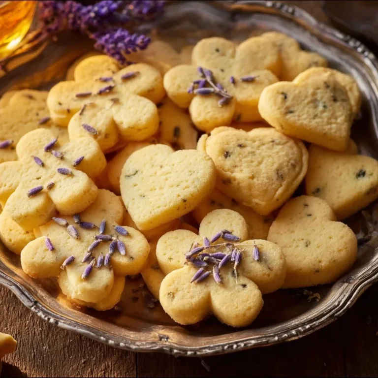 Lavender Lemon Shortbread Cookies decorated with lavender sprigs and lemon zest.