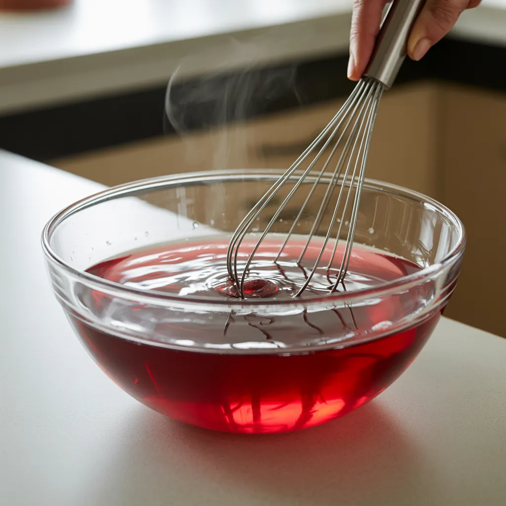 dissolving gelatin powder into boiling water in a clear glass bowl for lipojaro jello recipe