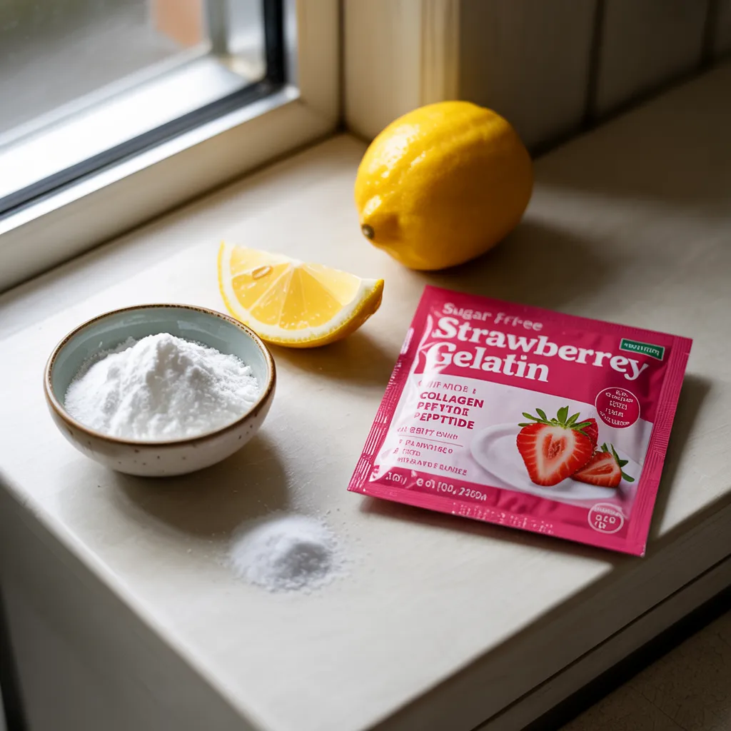 ingredients for lipojaro jello recipe including sugar-free gelatin packet and collagen peptides on white surface