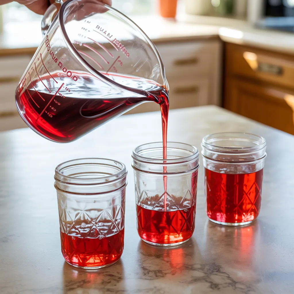 pouring lipojaro jello mixture into individual mason jars for weekly meal prep