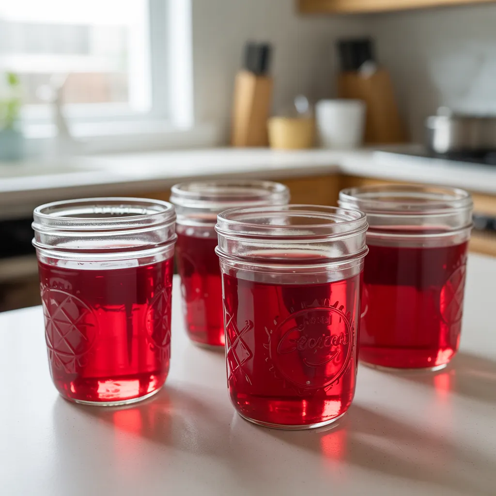 four mason jars of fully set lipojaro jello recipe for weight loss lined up on white countertop