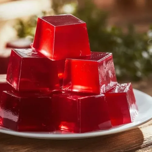 Low-calorie gelatin snack in a vibrant bowl with fruit and mint garnish