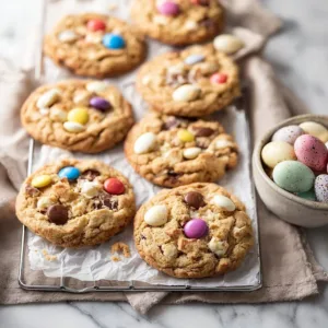 Delicious Mini Egg Cookies with colorful mini eggs on a baking tray