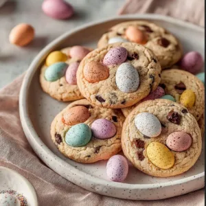 Baked Mini Egg Cookies with colorful chocolate eggs.