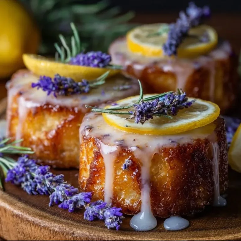 Mini lemon cakes with lavender glaze displayed on a white plate