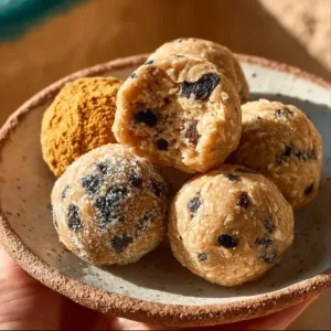 No bake protein balls made with oats, nut butter, and chocolate chips.