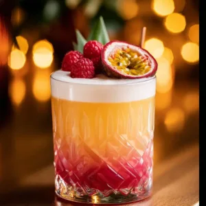 Raspberry Passionfruit Tequila Sour cocktail with vibrant colors and fresh ingredients