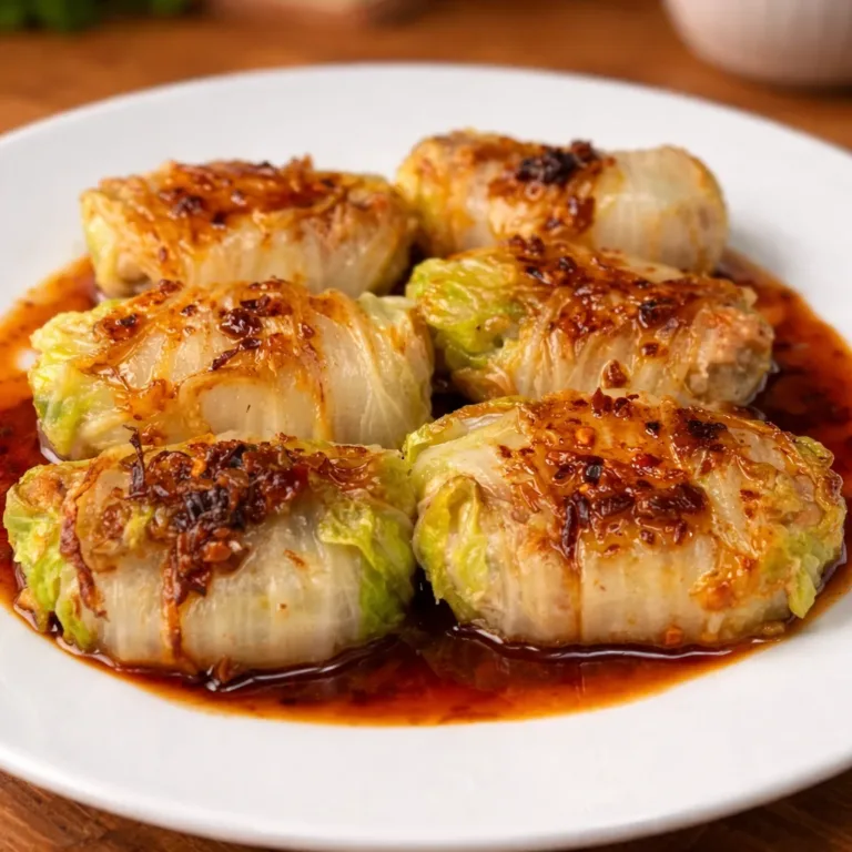 Delicious pork and cabbage dumplings served on a plate with dipping sauce.