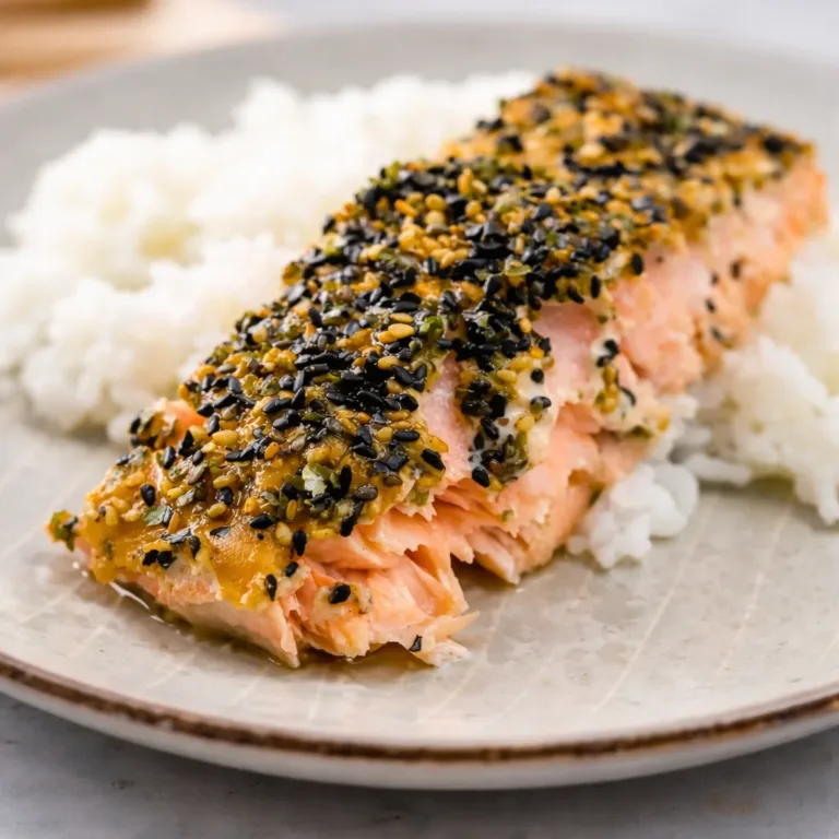 Delicious furikake salmon fillet topped with umami seasoning, served for dinner.