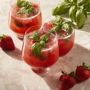 Refreshing Strawberry Basil Margarita with fresh strawberries and basil garnish